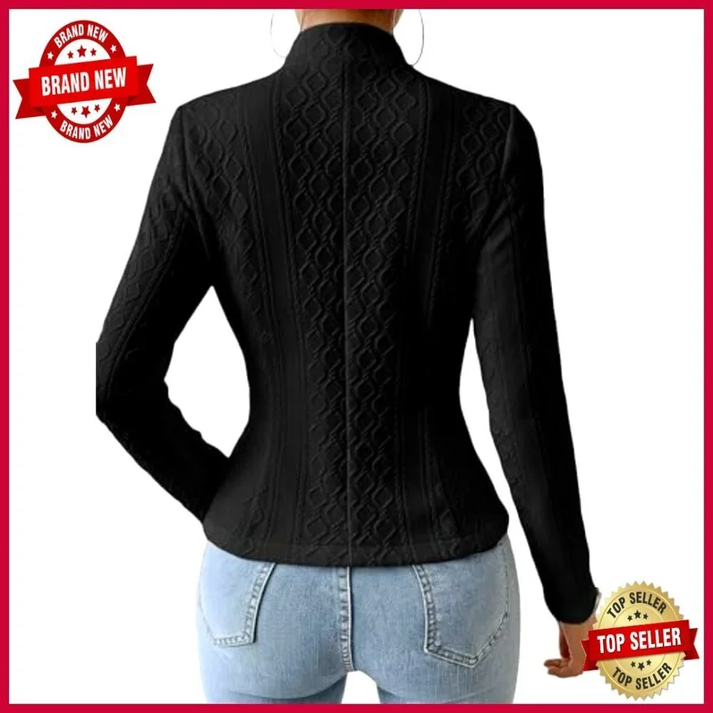 Petite Jacquard Knit Blazer Slim Fit V-Neck Stand Collar Work Coat